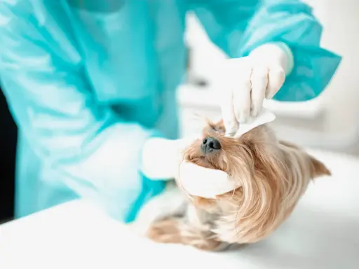 Veterinär behandlar en yorkshireterrier med hornhinnesår.