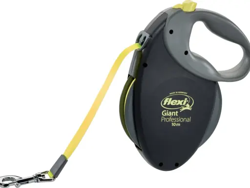 Ett svart och grått flexikoppel band med gul detalj och metallhake. Perfekt för stora hundar.