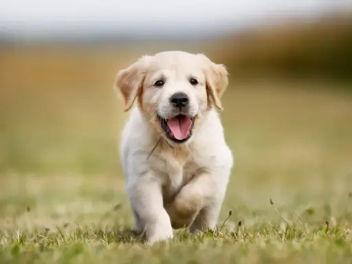 En glad golden retriever-valp springer fram över en gräsmatta. Valpens vikt är perfekt för lek och bus.