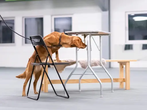 Brun hund tränar nosework, klättrar på en stol för att nå en låg bordsskiva.