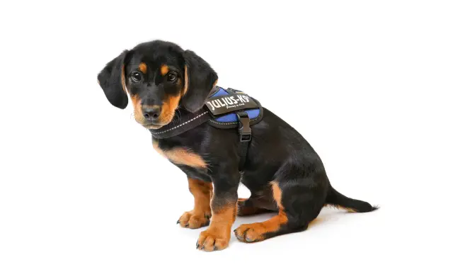 Söt valp med k9 koppel sitter på vit bakgrund.