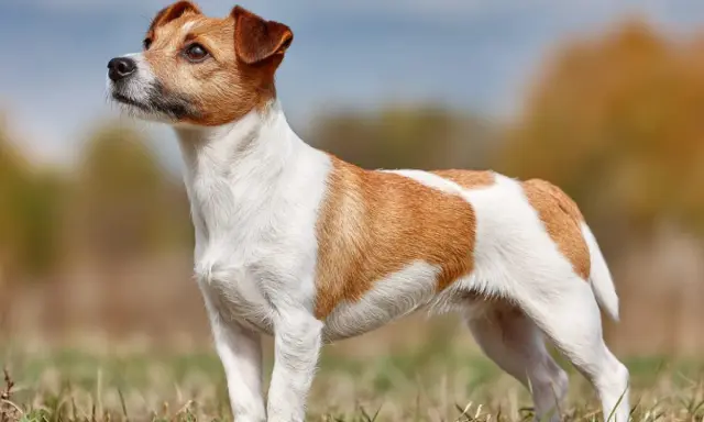 En alert jack russell står i gräset, med blicken fäst mot horisonten.