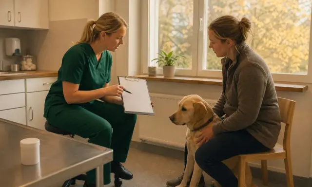 Veterinär diskuterar en plan för snabb viktnedgång hund med ägaren. Hunden ser lugn ut.