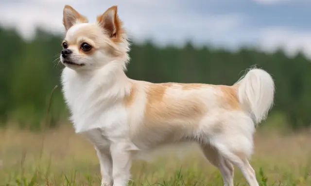 En långhårig chihuahua med ljus päls står i gräs. Dess chihuahua psyke lyser igenom i dess alerta blick.