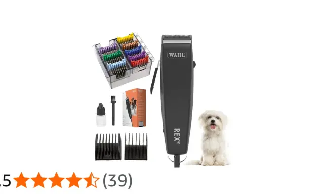 Hundtrimmer Moser Rex med tillbehör och en söt liten hund.