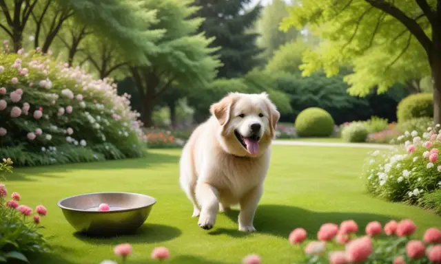 En glad golden retriever springer i en vacker trädgård. Kanske får den snart lite glukosamin pulver för att hålla lederna pigga.