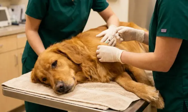 Veterinär ger injektion till golden retriever på undersökningsbordet, möjligen för behandling av neoplasi hos hund.