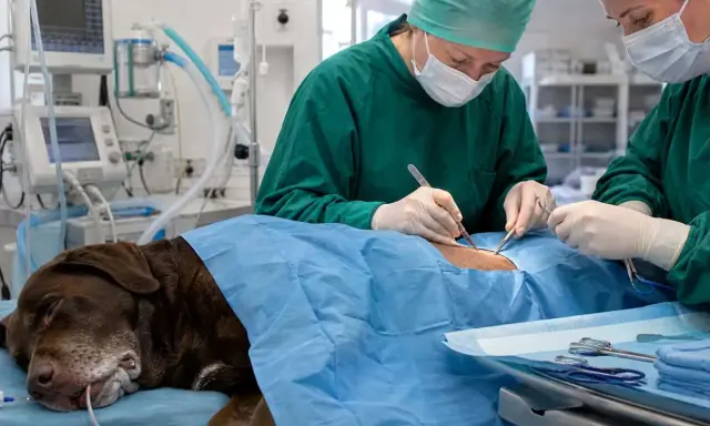 Veterinärer opererar en hund för pyometra. Hunden är sövd och övervakad av medicinsk utrustning.