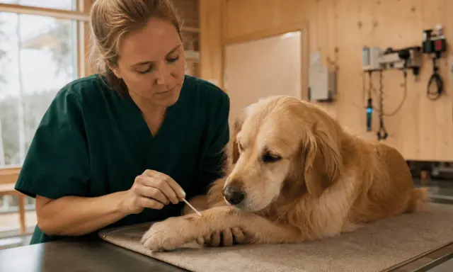 Veterinär undersöker ett insektsbett på en hunds tass.