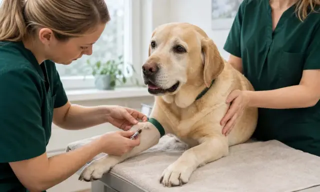 En veterinär tar blodprov på en labrador. Hunden är en blodgivare hund som hjälper andra djur.