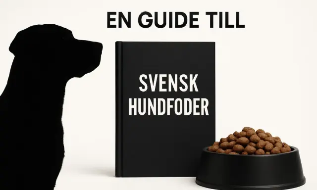 En guide till svensk hundfoder. En svart hundsilhuett tittar på en bok med titeln "Svensk Hundfoder" och en skål med hundmat.