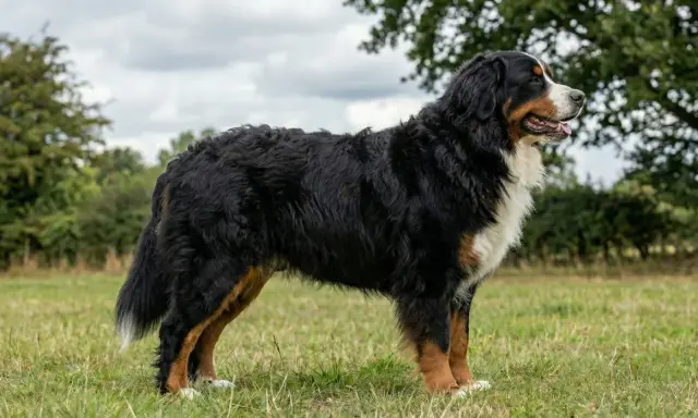 En ståtlig berner sennenhund står i en grönskande äng, med moln på himlen och träd i bakgrunden.