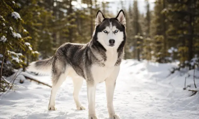 En ståtlig siberian husky med isblå ögon står i en snöig skog.