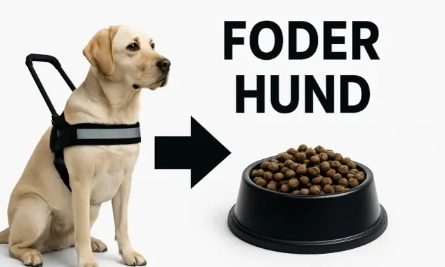 En gul labrador med sele, som pekar mot en skål med hundfoder. Sundhundmat för en glad hund.