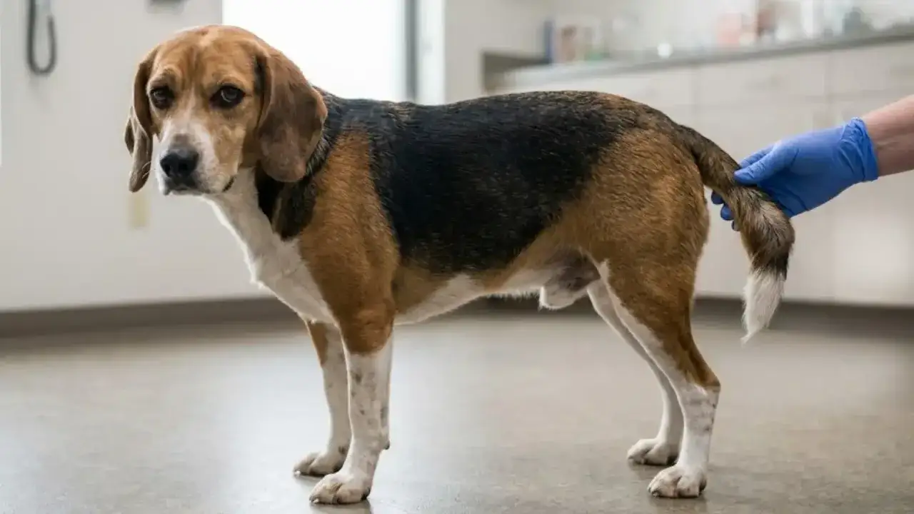 En beagle med en krokig svans unders&ouml;ks av en person i bl&aring; handske.