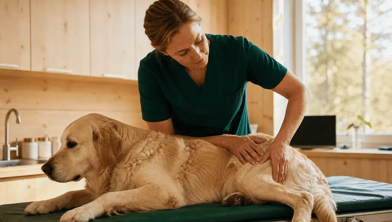 Veterin&auml;r unders&ouml;ker en golden retriever. Hunden verkar lugn, kanske f&aring;r den sm&auml;rtlindring, som alvedon till hund, f&ouml;r att m&aring; b&auml;ttre.