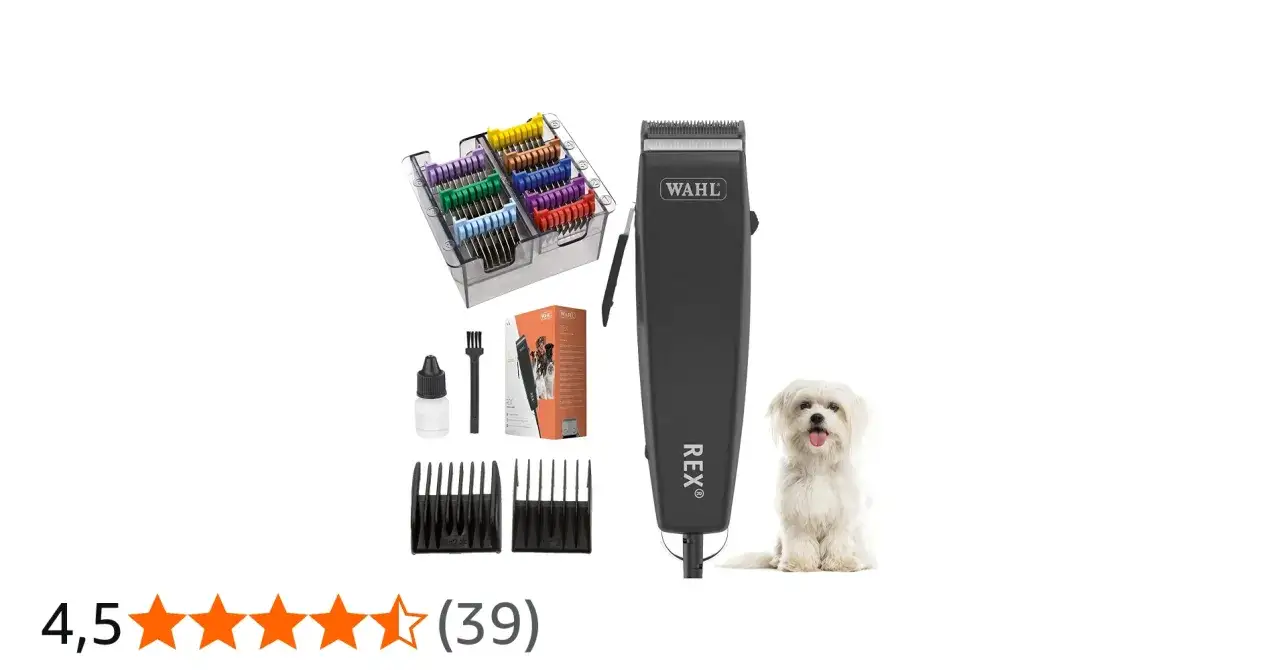 Hundtrimmer Moser Rex med tillbeh&ouml;r och en s&ouml;t liten hund.