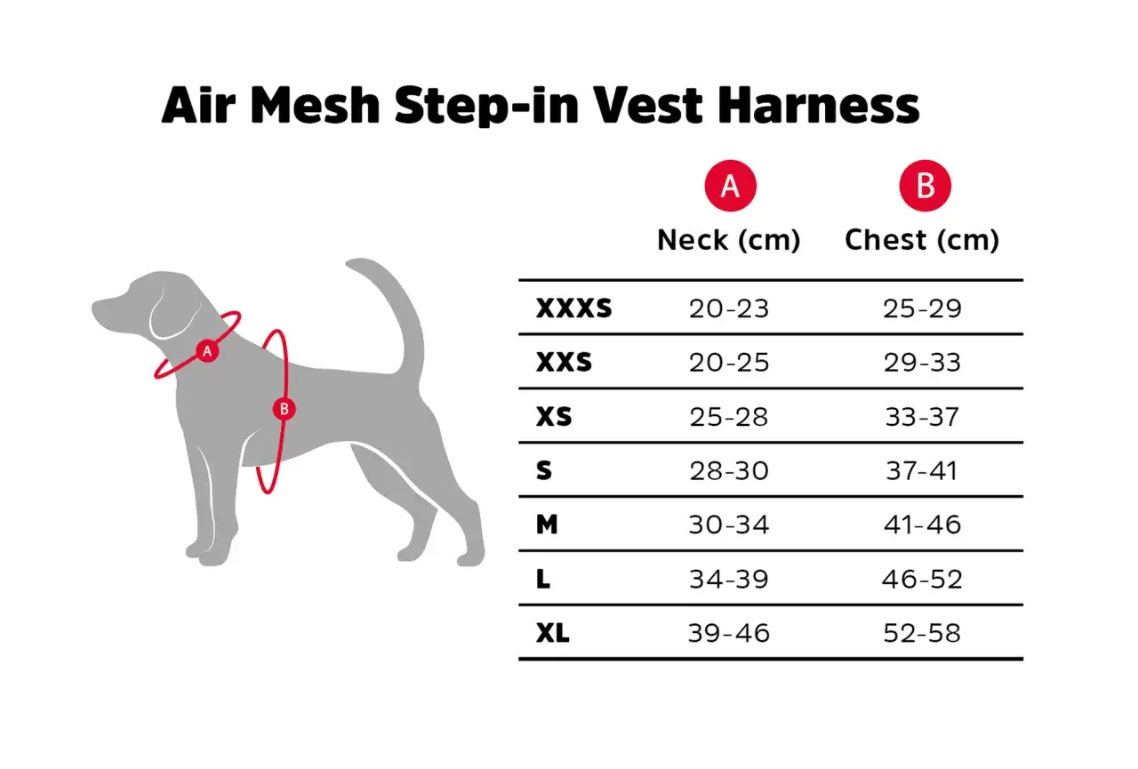 Storleksguide f&ouml;r hundsele. En illustration visar var m&aring;tten A (hals) och B (br&ouml;st) tas p&aring; en hund. Tabell med storlekar fr&aring;n XXXS till XL.
