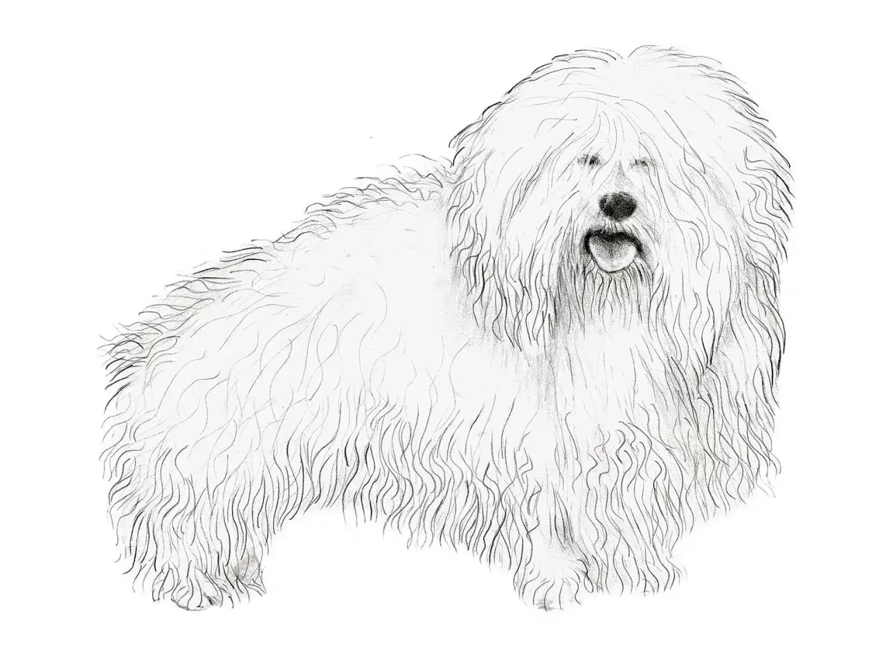 En teckning av en coton de tul&eacute;ar med l&aring;ng, fluffig p&auml;ls som t&auml;cker ansiktet. Hunden fl&auml;mtar med tungan ute.