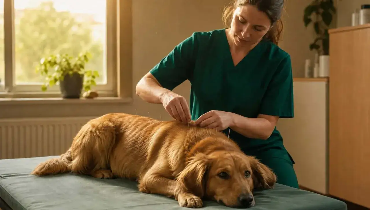En veterin&auml;r ger akupunktur till en golden retriever som har ont i ryggen. Hunden ligger p&aring; en gr&ouml;n b&auml;dd medan n&aring;lar placeras l&auml;ngs dess ryggrad.