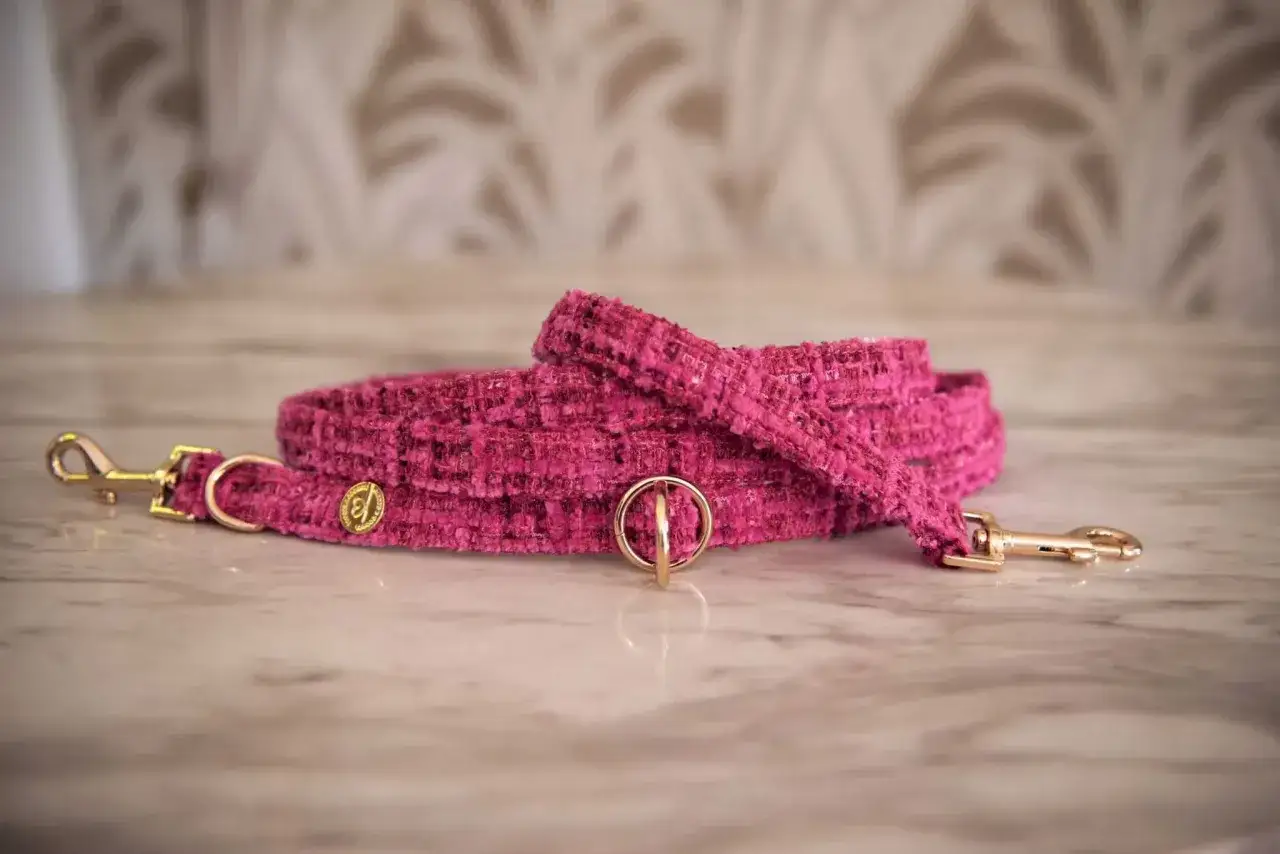 Ett lyxigt rosa koppel i tweedmaterial med gulddetaljer, perfekt f&ouml;r den stilmedvetna hunden.
