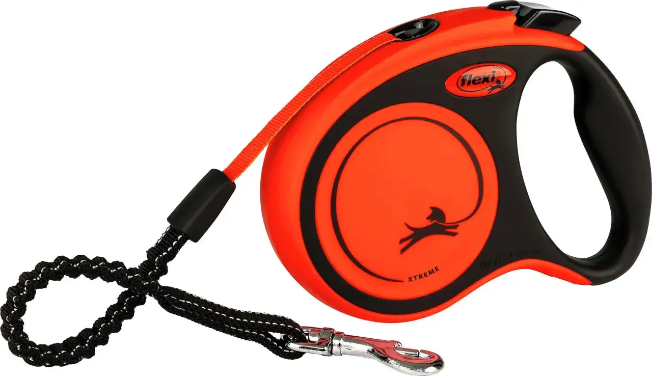 En orange och svart flexi xtreme hundkoppel med en siluett av en hund som springer.