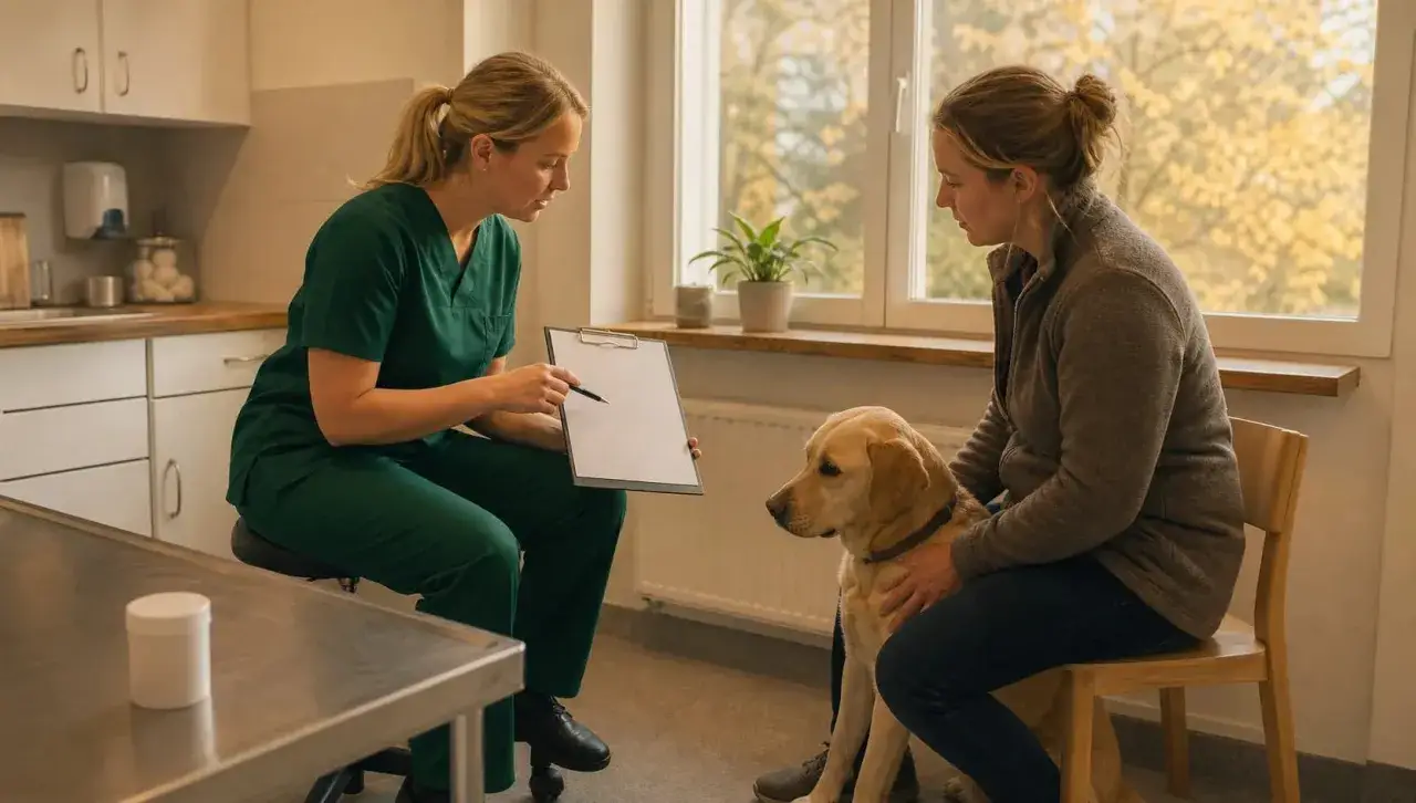 Veterinär förklarar symptom på tarminflammation hos hund för ägaren.