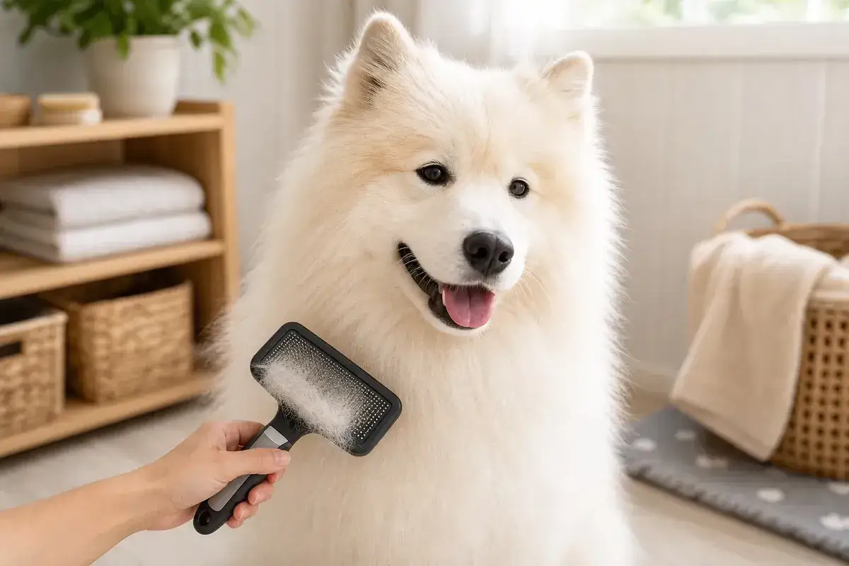En person borstar en fluffig, vit hund. Hunden ser n&ouml;jd ut medan den f&aring;r sin p&auml;ls rakad.