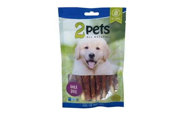 2pets tuggrulle med anka, utan spannmål. En glad hundvalp tittar fram på förpackningen. Perfekt för glada husdjur.