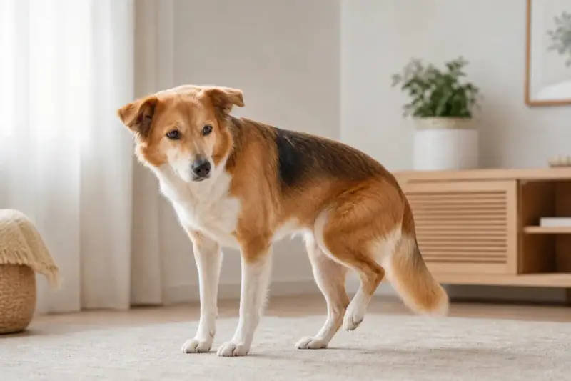 En gammal hund med en vinglig bakdel står på en matta.
